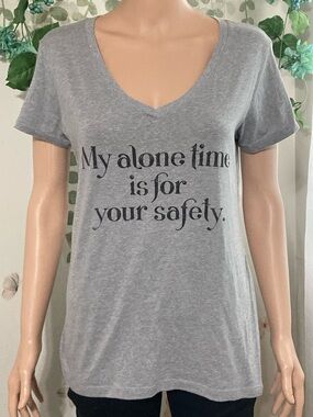 💎 Sz L Funny V-Neck Grey Short Sleeves Tee My alone time is for your safety